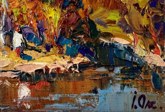 Image 1 of Original Oil Painting Autumn Coastal Landscape Over the River