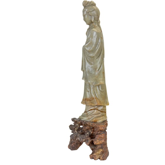 Sculptures Chinoises Vintage en Stéatite - Dame Céleste avec Lotus (He Xiangu) (photo 7 of 10)