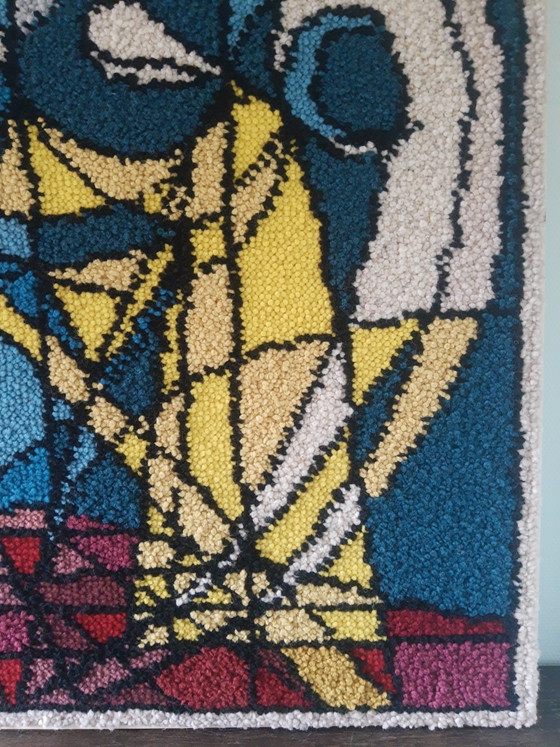 Image 1 of Wunderschönes, großes Retro-Textilkunstwerk aus Wolle aus Smyrna mit dem Titel „Verkündigung“.