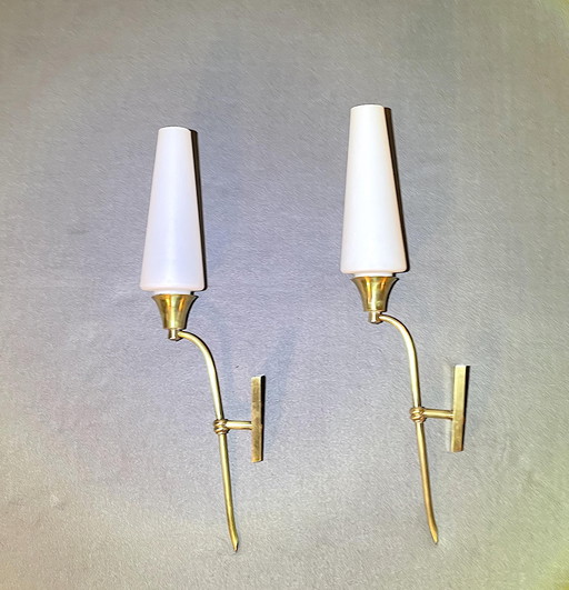 Pair Of Tall Brass And White Opaline Wall Lights, Mid-Century France