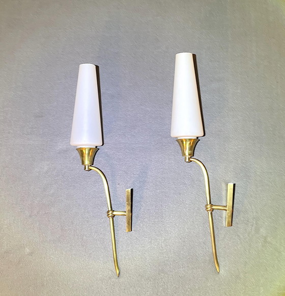 Image 1 of Pair Of Tall Brass And White Opaline Wall Lights, Mid-Century France