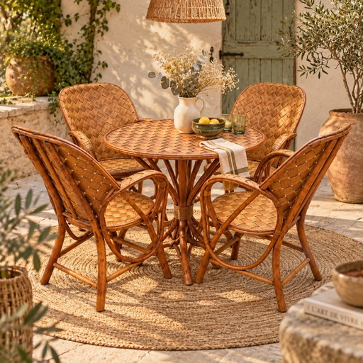 Set da giardino vintage in rattan intrecciato - tavolo rotondo e 4 poltrone
