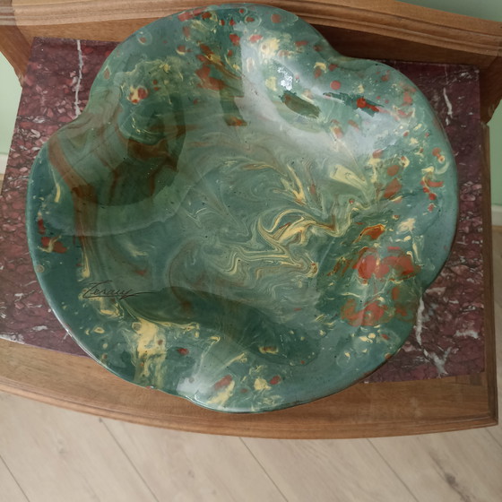 Image 1 of Bol en céramique vintage milieu du XXe siècle – Émail marbré – Signé Lesauy