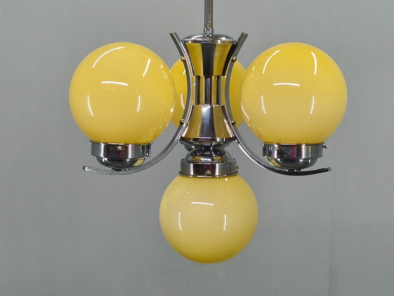 Image 1 of Art Deco Chrome and Opaline Glass Chandelier, Czechoslovakia