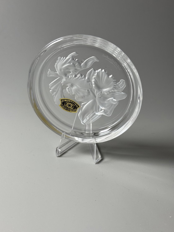 Image 1 of Coffret de 6 sous-verres en cristal Val Saint Lambert « Fleurs » – Motifs floraux – Style années 1950 – En boîte