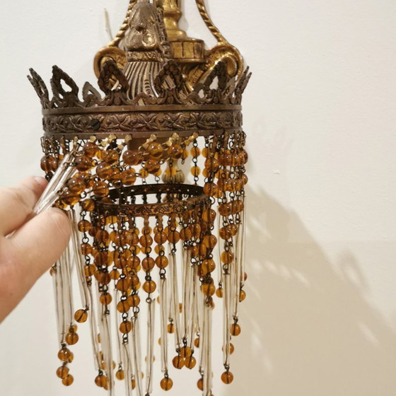 Image 1 of PAIR OF ART NOUVEAU BRASS LAMPS / WALL SCONCES WITH BEADS