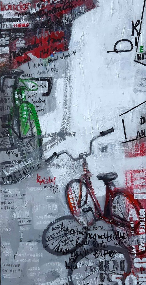 Original Acrylic Painting Contemporary Art Symbolism Along the Streets on Bicycles – schilderijen tekeningen, Canvas