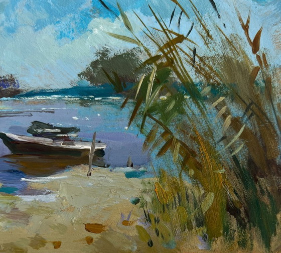 Image 1 of Origineel olieverfschilderij: Zomers rivierlandschap na een lange dag in de natuur.