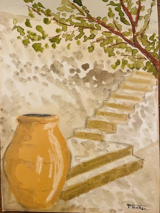 Tableau signé pastel et aquarelle paysage Provençal « l’escalier » 