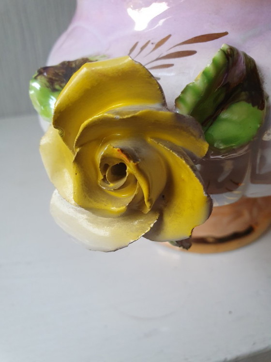 Image 1 of Elegant Bequet Quaregnon style jardinière - pink/white with gold finish