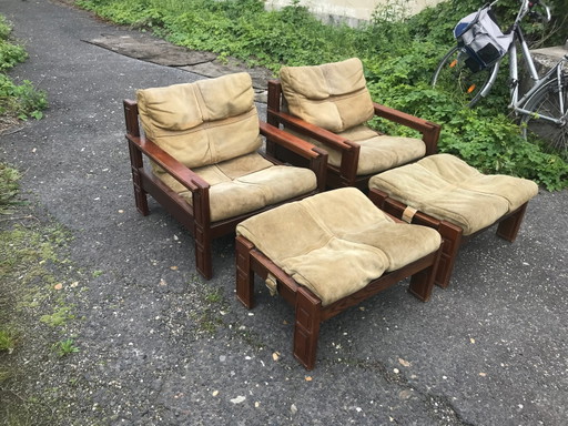 Mid Century Wood & Leather Armchairs With Pouf, Set of 4