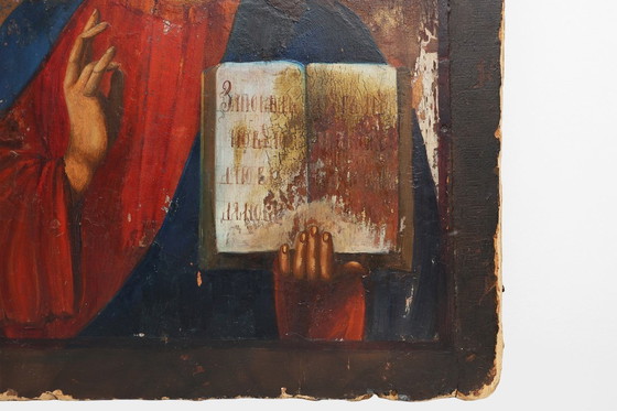 Image 1 of Icono religioso ruso del siglo XIX de Cristo Pantocrátor, pintado a mano sobre madera.