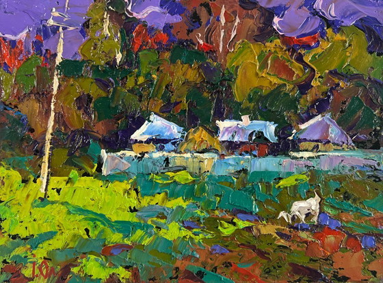 Image 1 of Original Oil Painting Summer Houses Landscape On the edge of the village — time stops