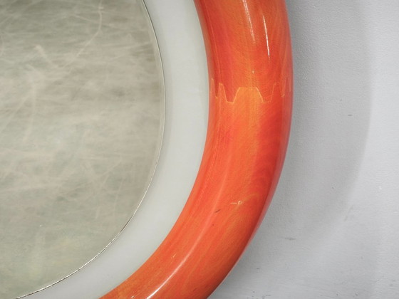 Italian Space Age Illuminated Round Wall Mirror, 1970s – Wood (photo 8 of 12)