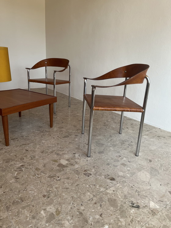 Image 1 of 2x Originele "Italiaans Modernisme jaren 70" fauteuil, verchroomd buisvormig staal, leer!