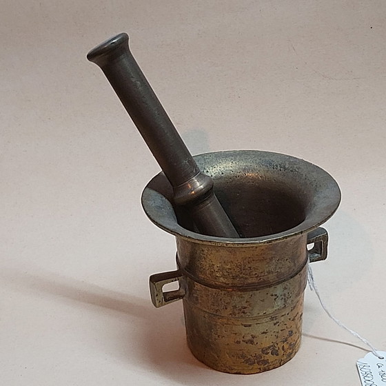Mortier et pilon d'apothicaire allemand antique 1800, Objets déco, Bronze, Laiton, Marron (photo 2 sur 7)