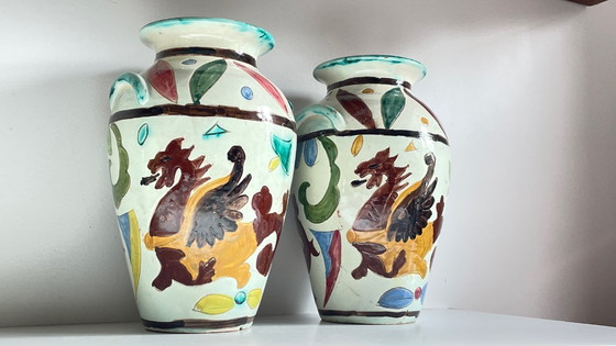 Image 1 of Italian Majolica Vases with Dragon Motif