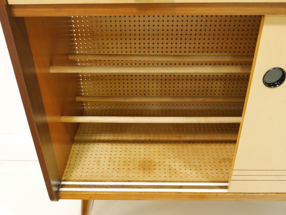 Image 1 of Vintage 1960s shoe cabinet, mid-century shoe chest, mahogany & birch, sliding doors, Germany