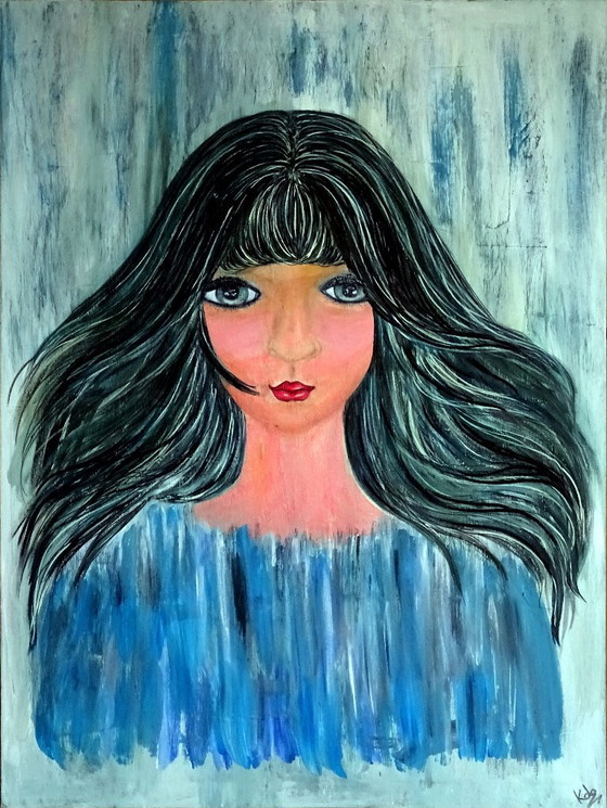 Painting of a woman with long dark hair, Paintings & Drawings, Wood, Canvas, Blue, Figuratief (photo 3 of 8)