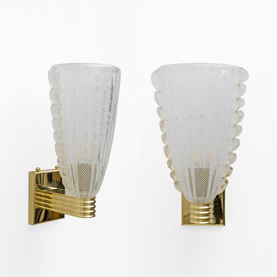 Image 1 of Attributed to Barovier & Toso Brass and "Reticello" Murano Glass Sconces