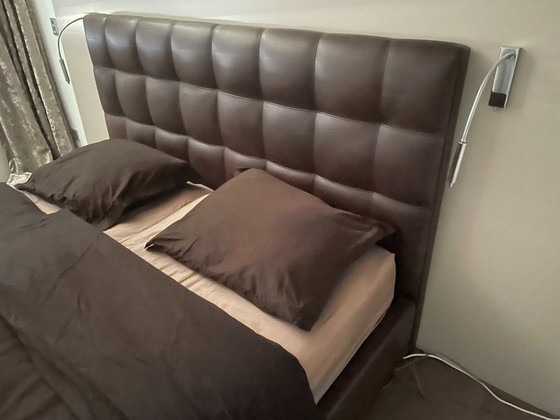 Image 1 of Combinaison sommier Wittmann en cuir marron Habana, comprenant tête de lit et coffre à couvertures.