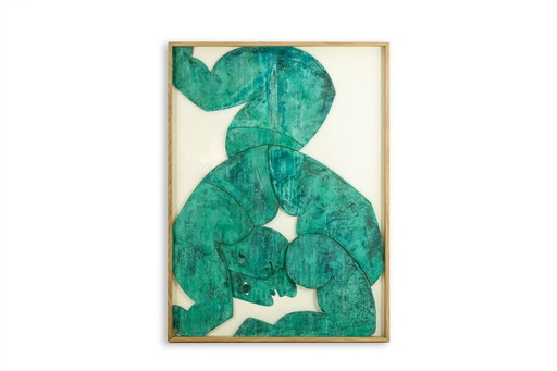 "Die Zwillinge", eichengerahmtes Flachrelief aus patiniertem Holz und Kupfer.