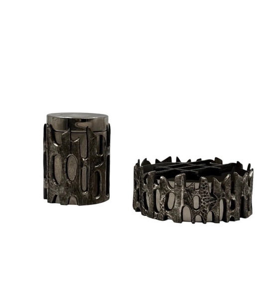Image 1 of Brutalist top smoking set, ashtray and cigars box, Morbelli Italy 1970