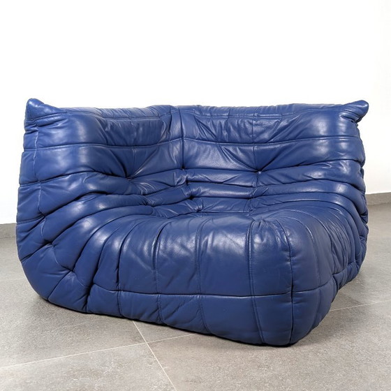 Image 1 of Michel Ducaroy Ligne Roset Ecksofa aus blauem Togo-Leder, Frankreich, 1980er Jahre