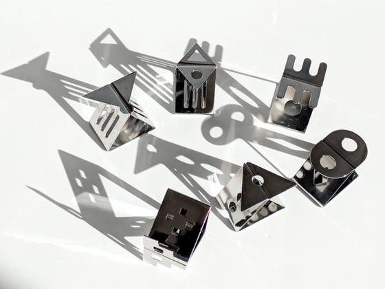 Image 1 of Set of 6 Nathalie du Pasquier Stainless Steel Napkin Rings, Postmodern Geometric Design