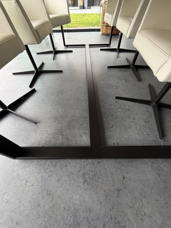 Image 1 of Beautiful, robust dining table with 6 leather Mobitec swivel chairs