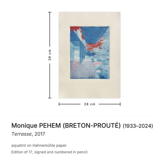 Monique PEHEM (BRETON-PROOUTÉ) Ondertekent Aquatint Terrasse 2017 – Litho's & Zeefdrukken, Paper (photo 3 of 5)