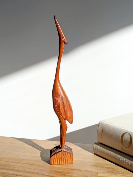 Image 1 of Kraanvogelsculptuur van teakhout uit het midden van de 20e eeuw, 34,5 cm, handgesneden in Deense stijl