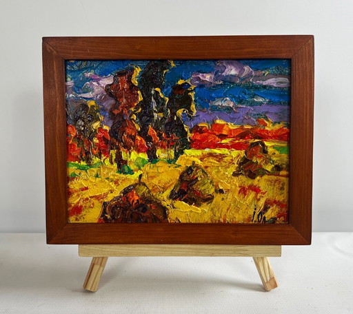 Original Oil Painting Autumn Nature Landscape The sun sets in the field