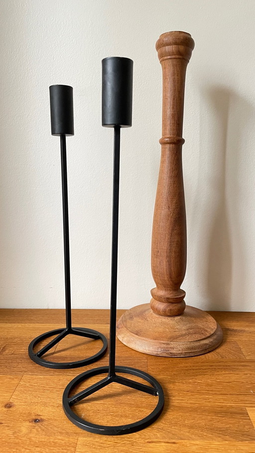 Trio of Teak and Vintage Steel Candleholders