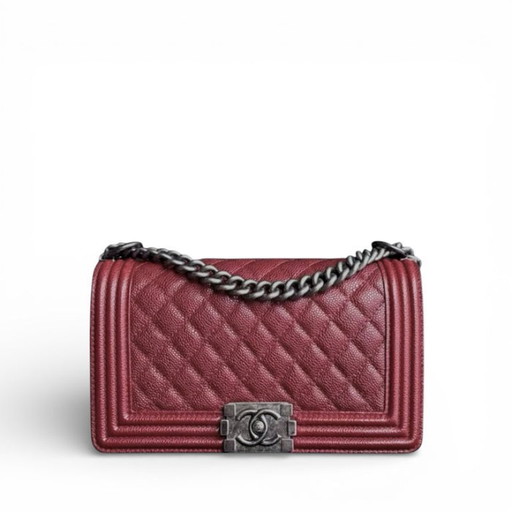 Borsa Chanel Boy Medium - Caviar 25 cm trapuntata bordeaux rosso scuro rutenio finiture argento Serie 19