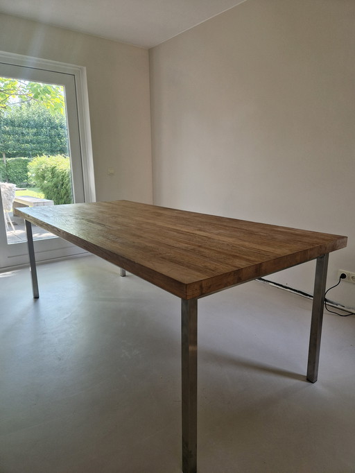Eetkamertafel teak / roestvrijstaal