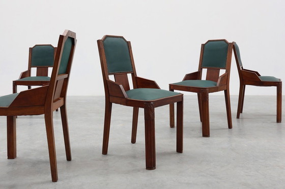 Image 1 of Set van 6 Art Deco eetkamerstoelen in hout met originele bekleding, België jaren 30