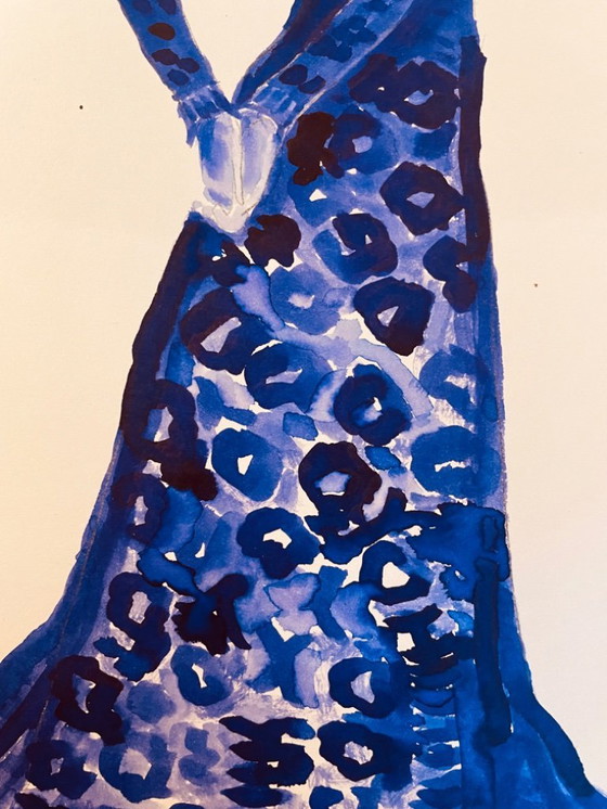 Image 1 of Monochrome indigo blue watercolor portrait of a woman "in a dress"