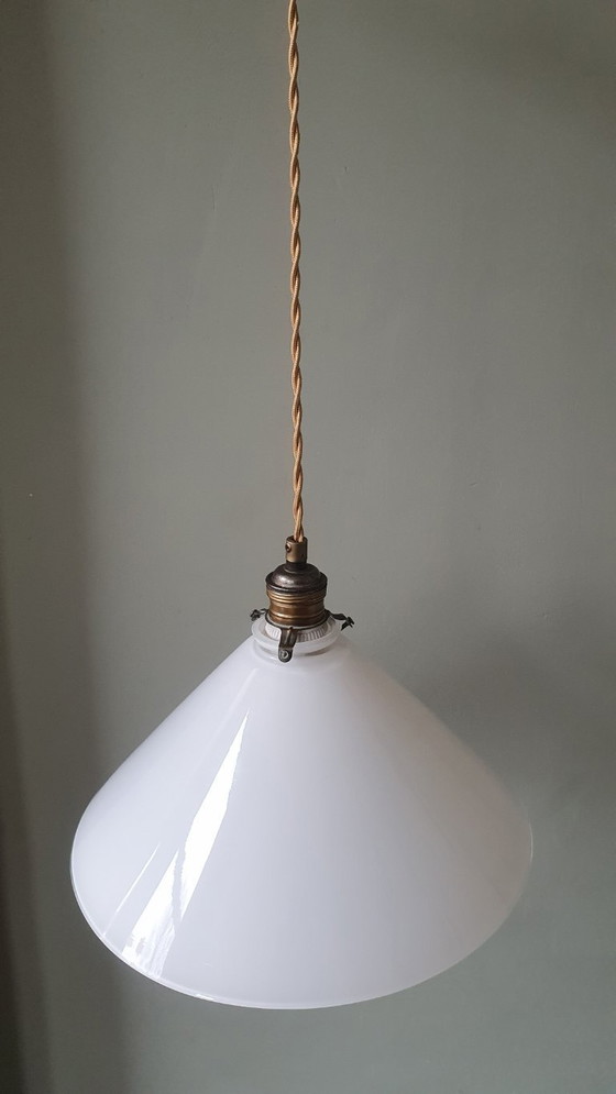 Image 1 of Set (2) Vintage pendant lamps in opaline / milk glass - banker's lamp or shoemaker's lamp