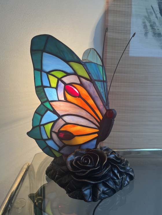 Image 1 of Set Of 2 Stained Glass Table Lamps Butterfly Lamps