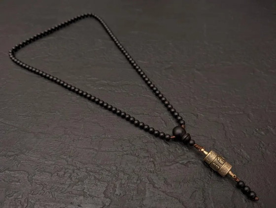 Image 1 of Black Ebony Wood Mala Necklace 108 Beads Tibetan Rotating Prayer Wheel Pendant Om Mani