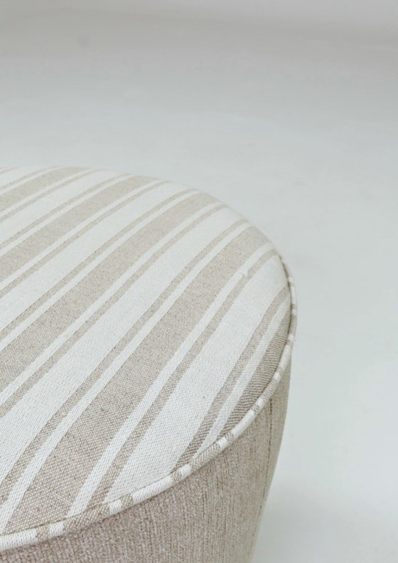 Image 1 of Vintage pouf stool natural Lin fabric beige white stripes 