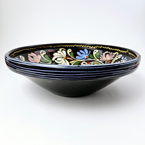 Image 1 of Vintage Hungarian Folk Art Pottery | Handmade Hand-painted Decor Hanging Wall Deep Plate | Traditional Floral Ceramic