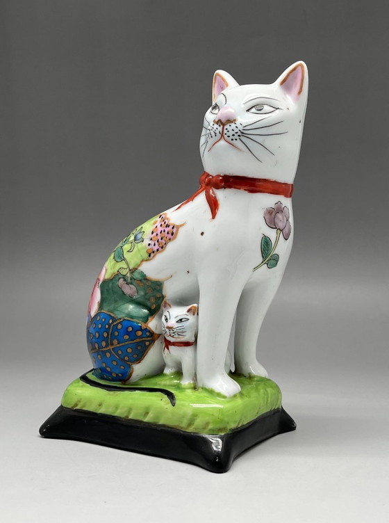 Image 1 of Hand-Painted Ceramic Figurine – Cat with Kitten – Asian Decor