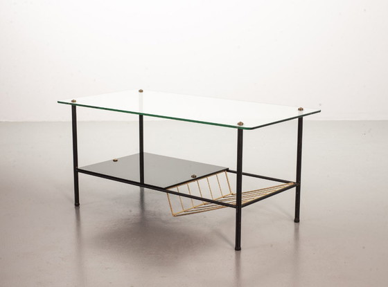 Image 1 of Mid-Century Pierre Guariche Glass Coffee / Side Table for Airborne in Black Steel with Brass Magazine Holder. France, 1950s. 