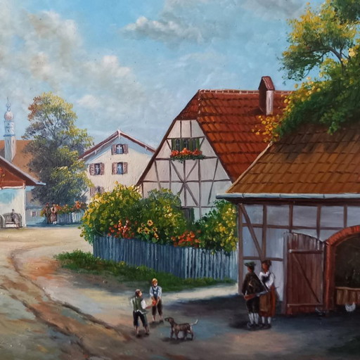 Dipinto originale ad olio su tavola con cornice | Case a graticcio/villaggio | Firmato