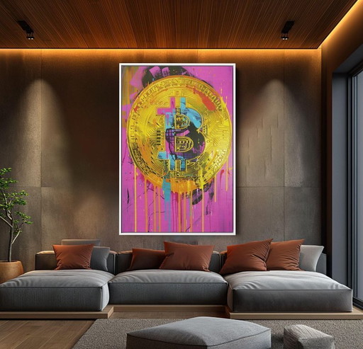 Dine CHANIMA – Riesiger Pop-Art-Bitcoin in Neonfarben XXL – Gemälde eines digitalen Künstlers