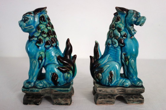 Image 1 of Pair of Japanese Komainu dogs in green and turquoise glaze ceramic, vintage