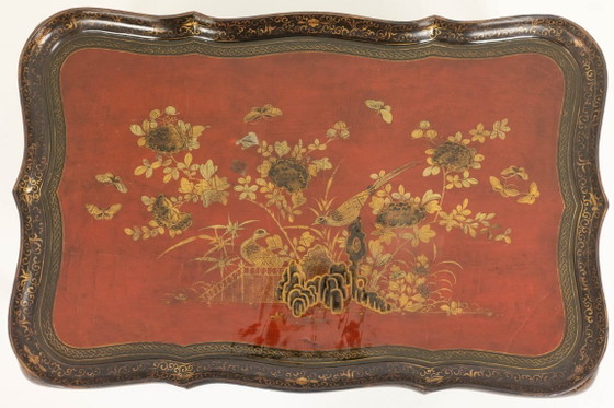Image 1 of Coffee table with removable top in red and black lacquered wood. 1950s.