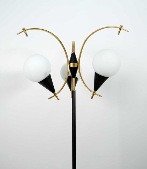 Stilnovo Mid-Century Modern Italian Brass and Opaline Glass Floor Lamp, 1950s